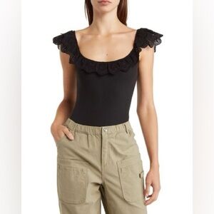 Good Luck Gem Ribbed Eyelet Puff Sleeve Square Neck Bodysuit Black Size S